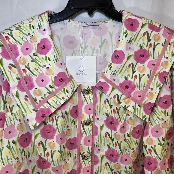 NWT Cicy Bell Women's XL Pink Floral Button Down Shirt Square Neck Bubble Sleeve - Picture 3 of 9